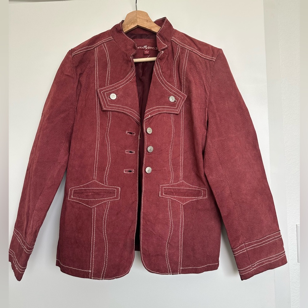 Jennifer J Red Leather Jacket Western Style Contrast Stitch